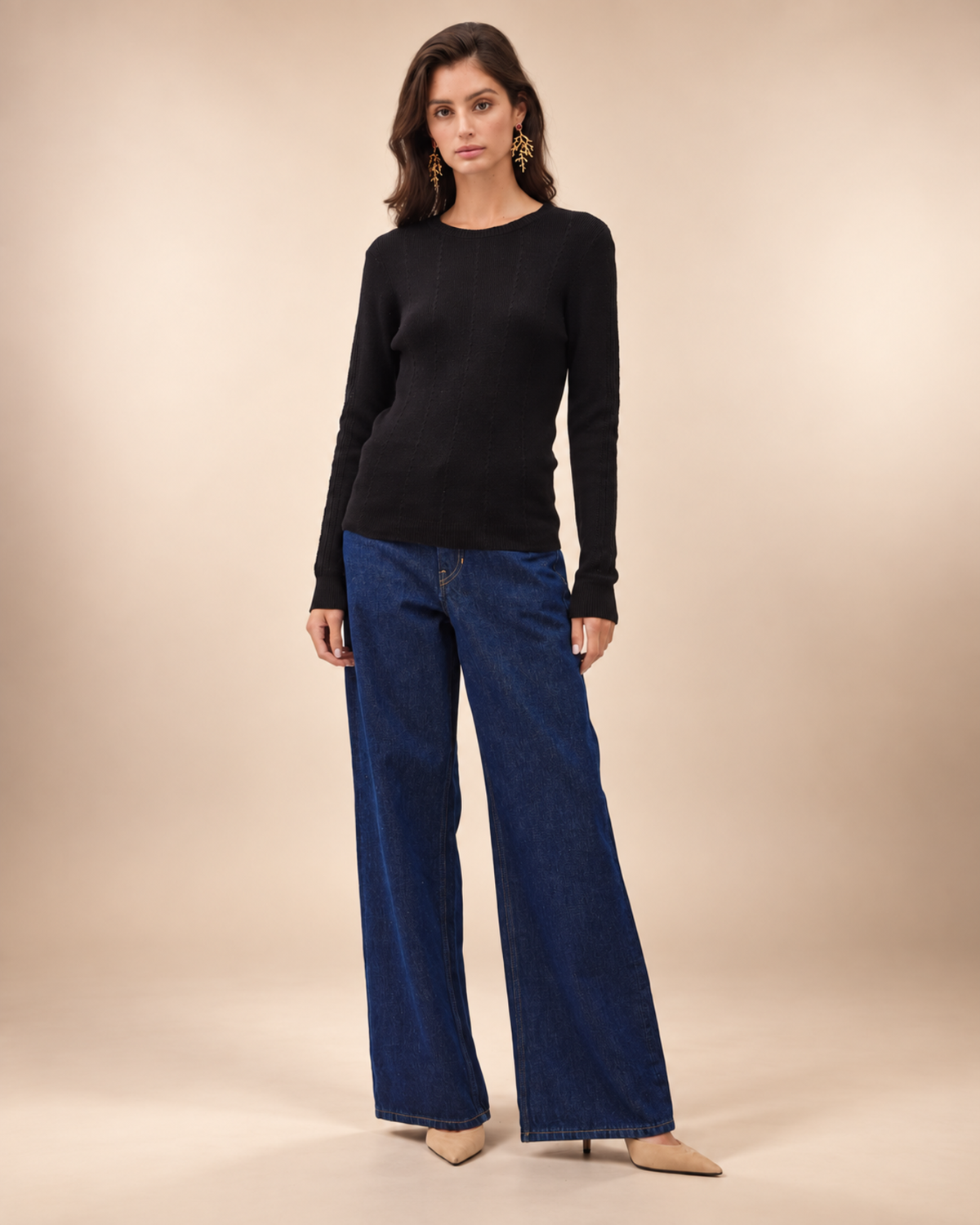 Crocheted Sleeve Pointelle Fine Sweater