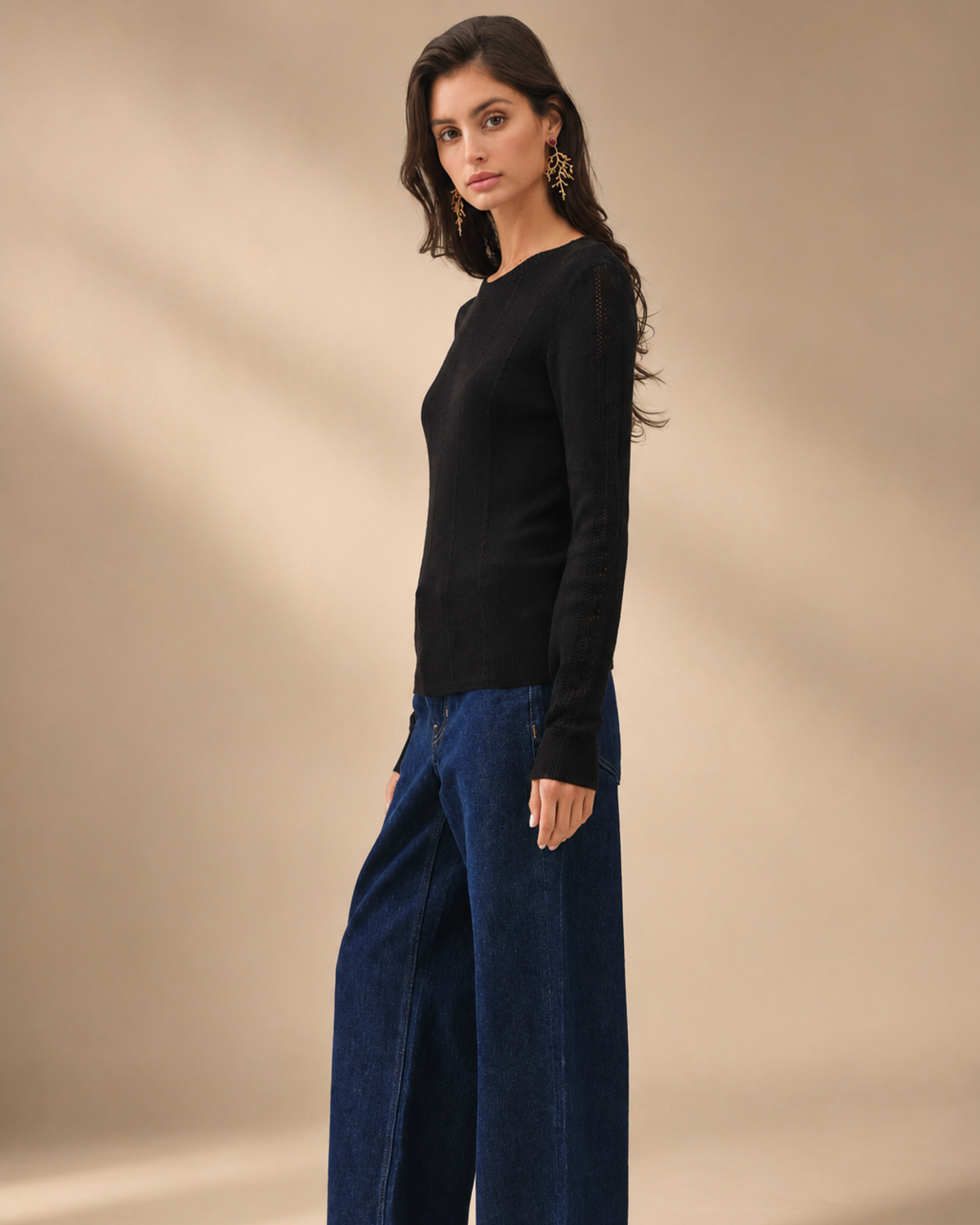 Crocheted Sleeve Pointelle Fine Sweater