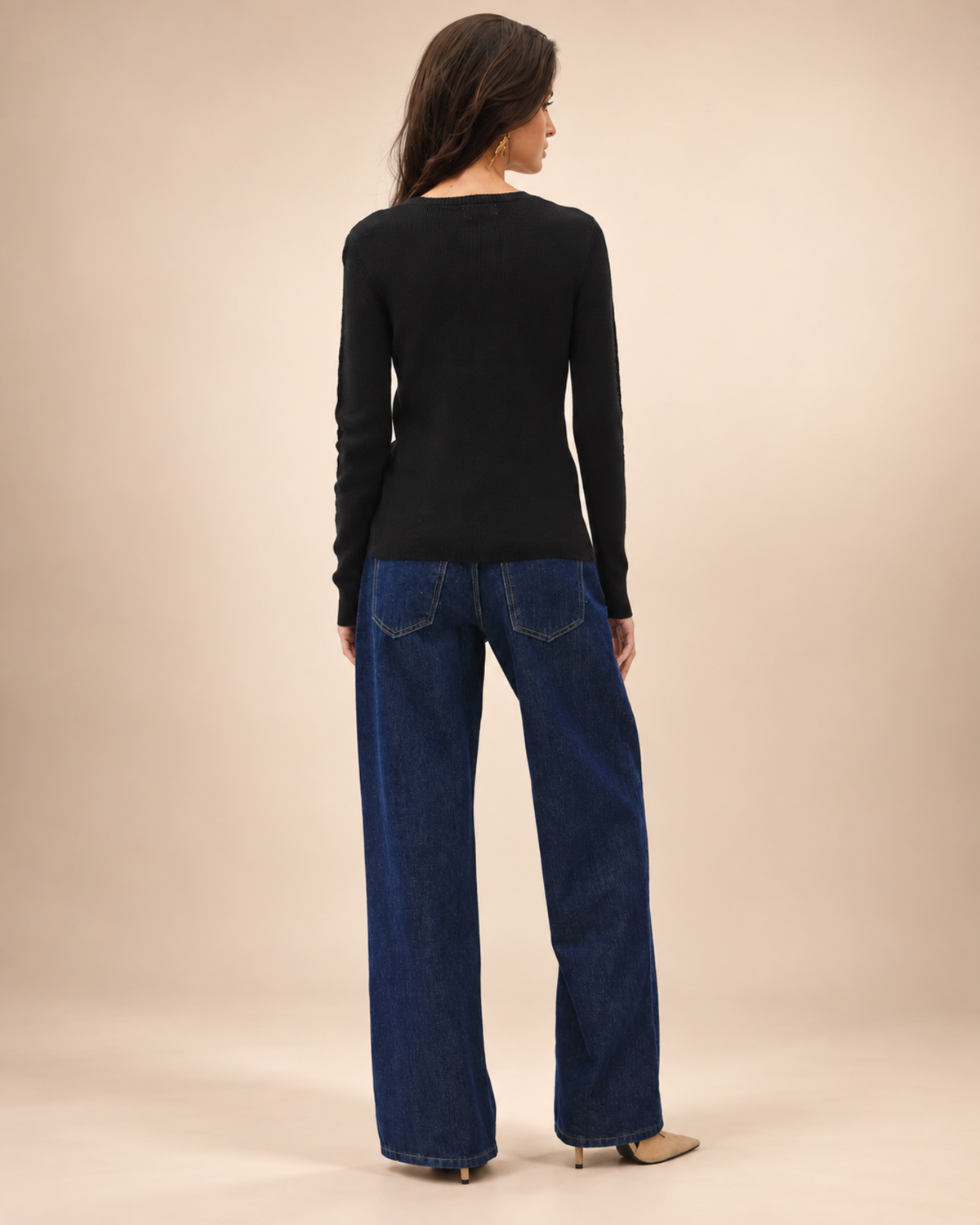 Crocheted Sleeve Pointelle Fine Sweater